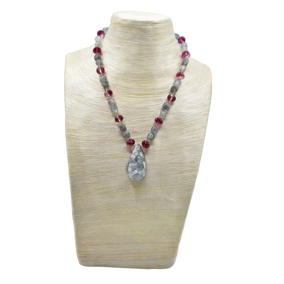 Geode Pendant Necklace Natural Cracked  Statement Red Crystal Beaded BinA - Picture 4 of 12